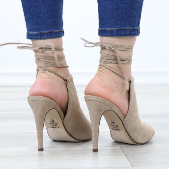 Tan Faux Suede Open Toe Ankle Laces High Heeled Sandals - Picture 4 of 12